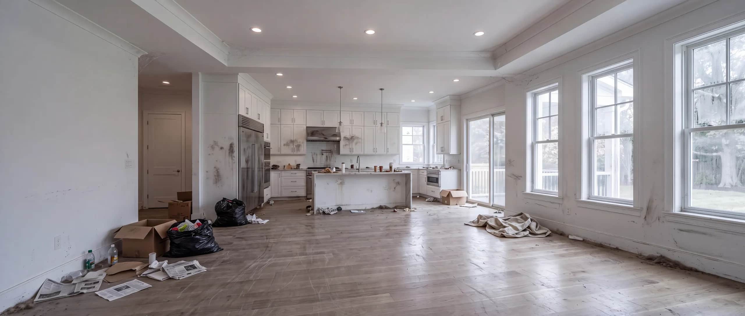 Illustration of a vacant home before cleaning, with dirty floors and scattered debris